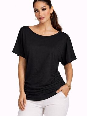 Misifi Black Short Sleeve Ruched Side Top Size L Soft Stretch Casual Blouse.